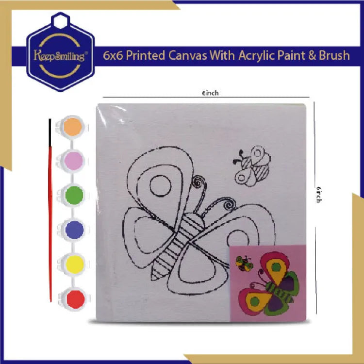 6x6Inches Different Printed outline Designs Canvas board with Acrylic Colours and a Paint Brush ( Random Designs )