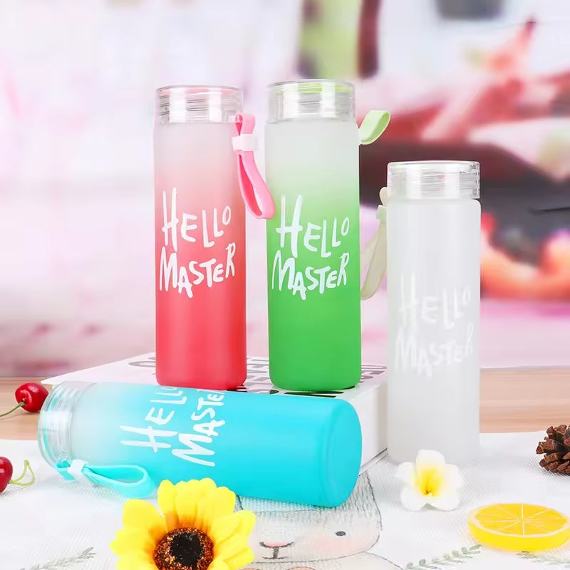 Frosted Glass Water Bottle With Hello Master Decal Logo - 400ml (Random color)