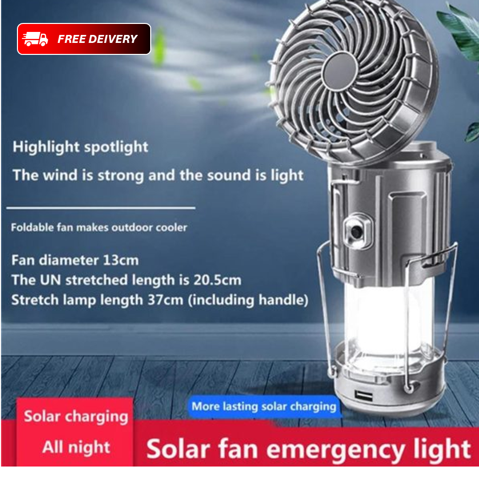 6 in 1 portable outdoor LED camping lantern with fan solar charge rechargeable light energy saving tent lamp flashlight