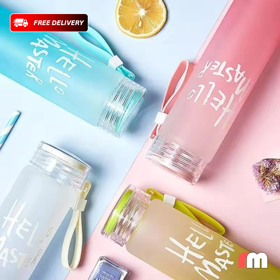 Frosted Glass Water Bottle With Hello Master Decal Logo - 400ml (Random color)