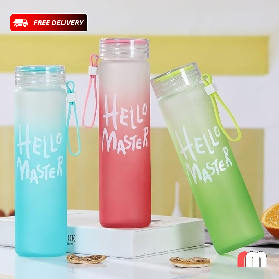 Frosted Glass Water Bottle With Hello Master Decal Logo - 400ml (Random color)