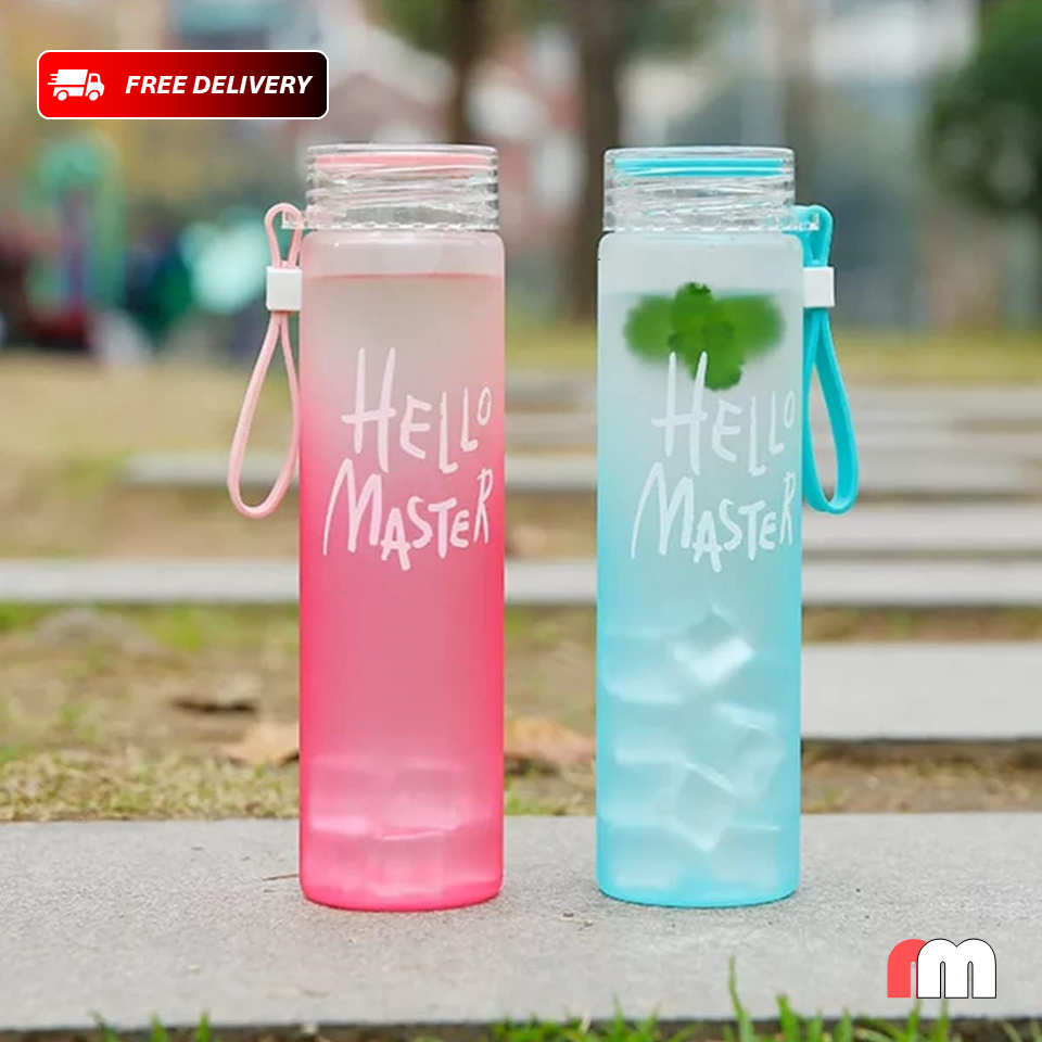 Frosted Glass Water Bottle With Hello Master Decal Logo - 400ml (Random color)