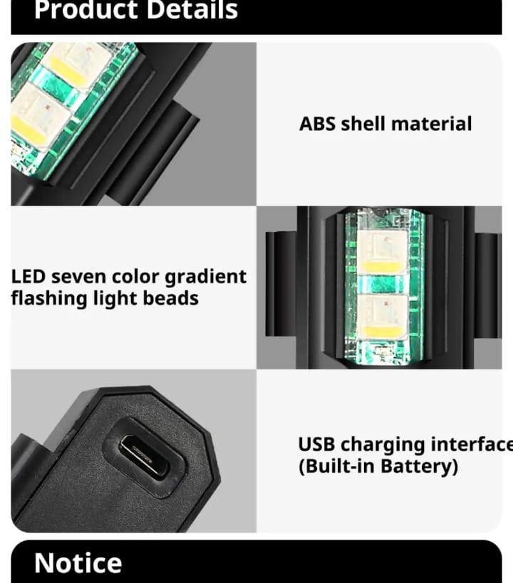 Universal Led Aircraft Strobe Lights Motorcycle Anti Collision Warning Light with USB Charging 7Colors Turn Signal Indicator