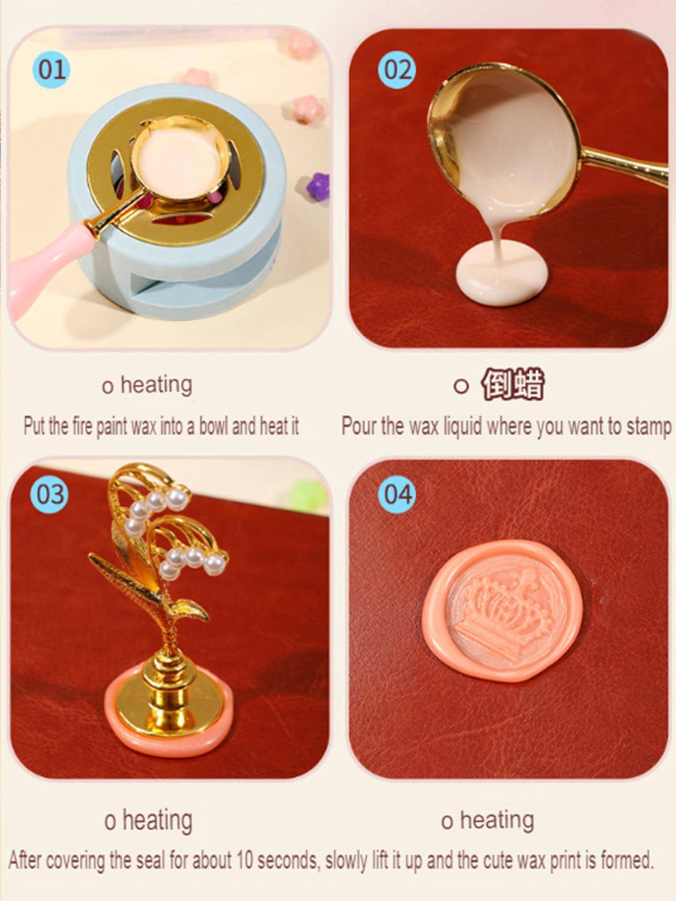 Wax Set With 3 Different Brass Stamps With Holder - Spoon - Candle - Heating Stand (10 colors wax About 520 beans)