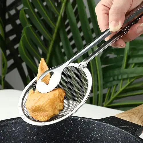 2 IN 1 FRYING TONG | Imported Small Multi-functional 2 in 1 Fry Tool Filter Spoon Strainer With Clip, Oil Frying BBQ Filter Stainless Steel Mesh