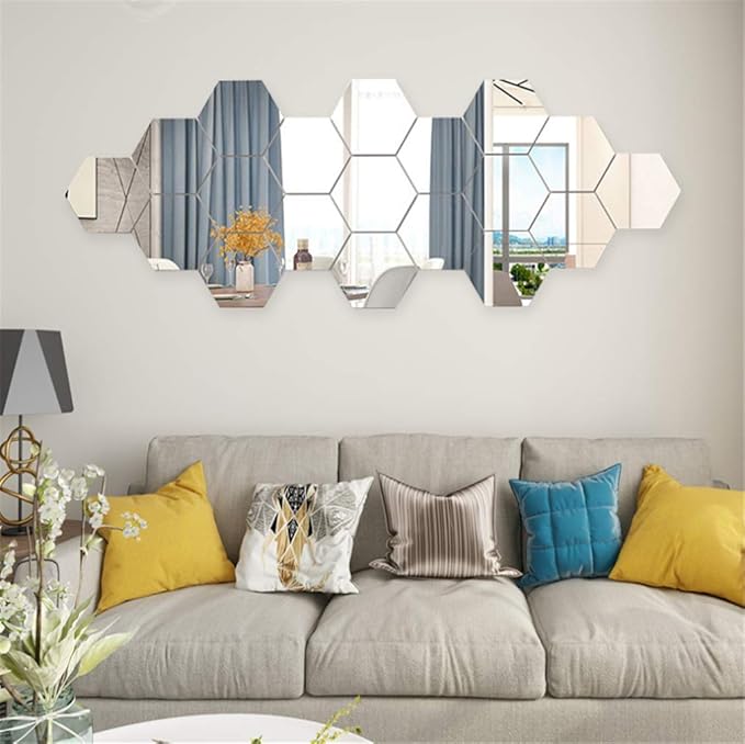 Hexagon Mirror Wall Stickers – 12 Pcs Self-Adhesive Acrylic Tiles (Silver)