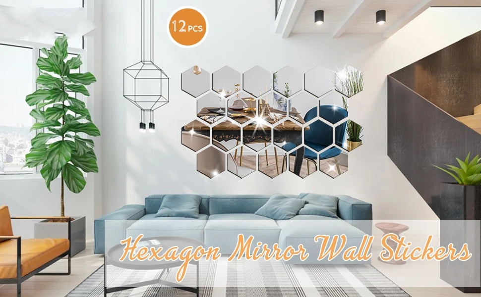 Hexagon Mirror Wall Stickers – 12 Pcs Self-Adhesive Acrylic Tiles (Silver)