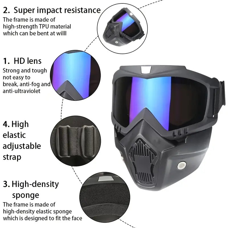 Motorcycle Goggles with Removable Full Face Mask Riding Glasses Dirt Bike ATV Motocross Detachable Eyewear (Random glass Shade)