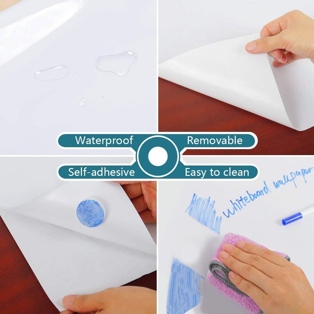 Self-Adhesive Whiteboard Wall Decal Sticker | Strong &amp; Durable Dry Erase Wall Paper | Message Board Peel Stick White Board with 2 Marker for Kids Drawing