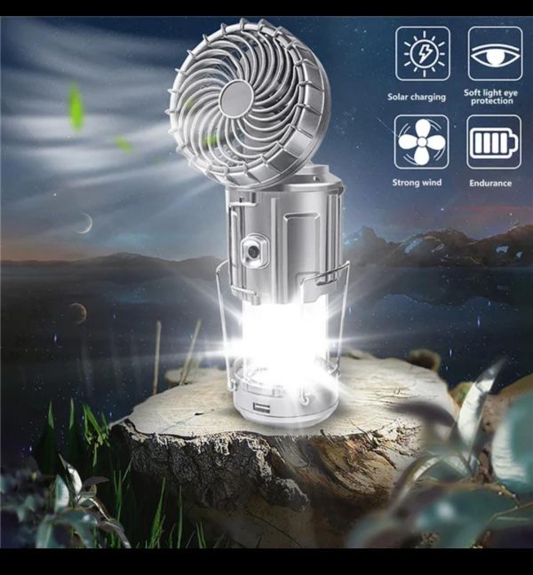 6 in 1 portable outdoor LED camping lantern with fan solar charge rechargeable light energy saving tent lamp flashlight