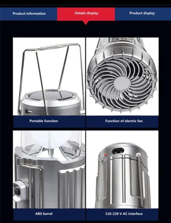 6 in 1 portable outdoor LED camping lantern with fan solar charge rechargeable light energy saving tent lamp flashlight