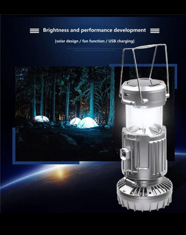 6 in 1 portable outdoor LED camping lantern with fan solar charge rechargeable light energy saving tent lamp flashlight