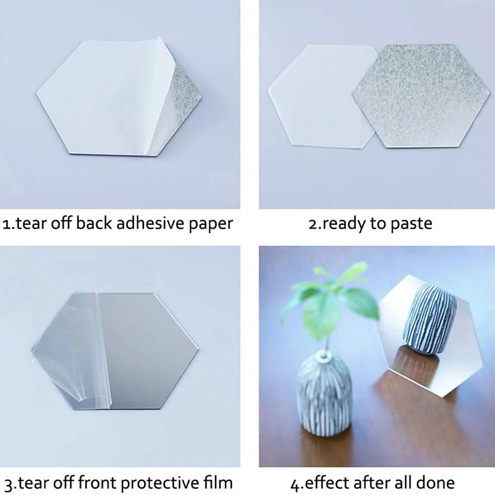 Hexagon Mirror Wall Stickers – 12 Pcs Self-Adhesive Acrylic Tiles (Silver)