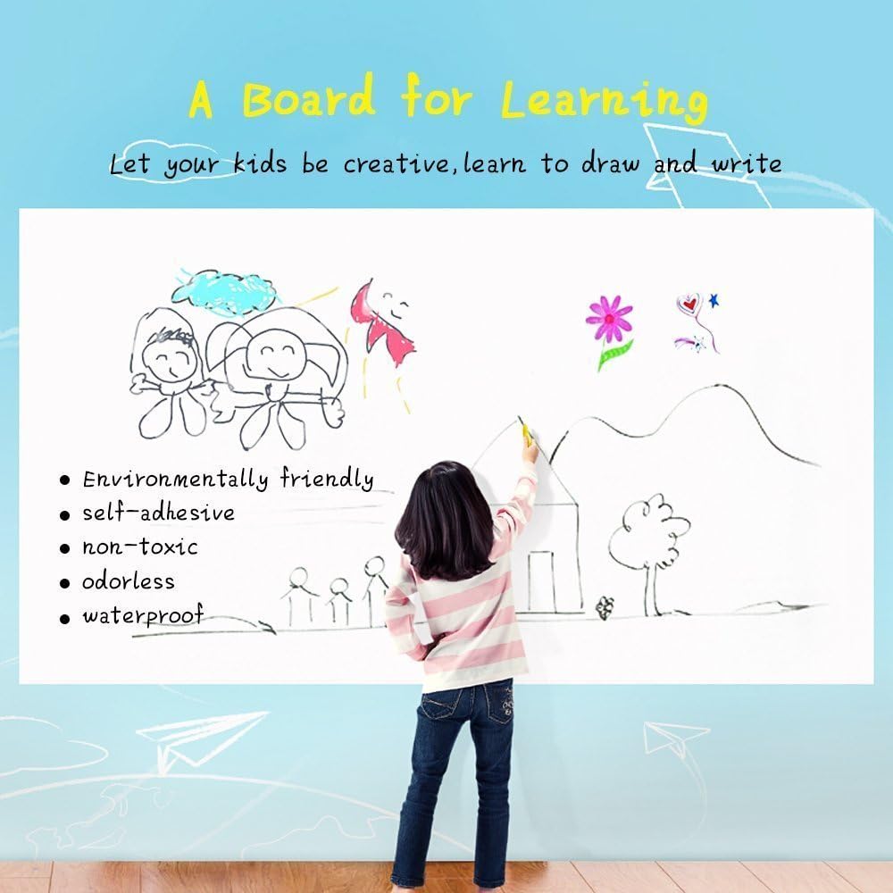 Self-Adhesive Whiteboard Wall Decal Sticker | Strong &amp; Durable Dry Erase Wall Paper | Message Board Peel Stick White Board with 2 Marker for Kids Drawing