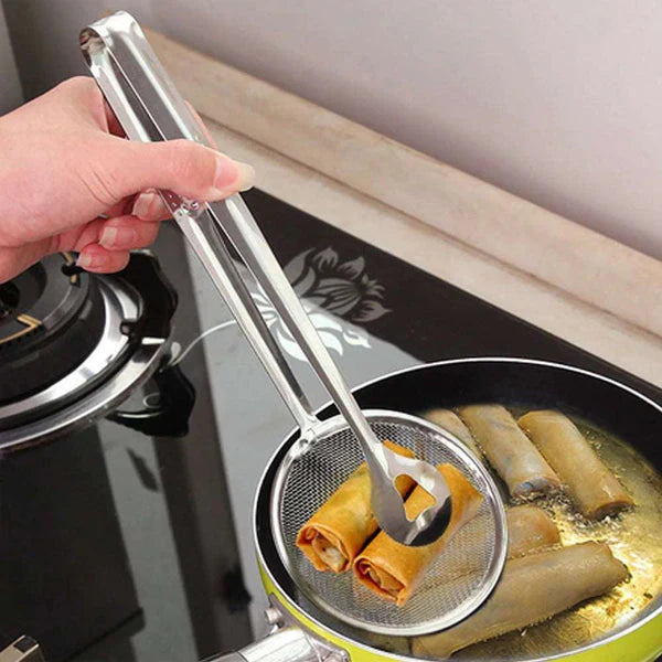 2 IN 1 FRYING TONG | Imported Small Multi-functional 2 in 1 Fry Tool Filter Spoon Strainer With Clip, Oil Frying BBQ Filter Stainless Steel Mesh