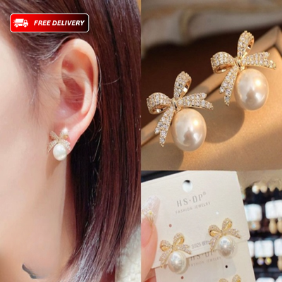 Elegant Bow Diamond Pearl Stud Earrings for Women – Korean Zircon Gift Jewelry