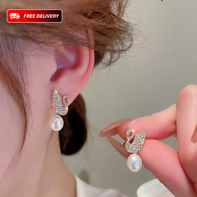 Elegant Korean Diamond Swan Pearl Stud Earrings – Versatile Alloy Jewelry for Women & Girls