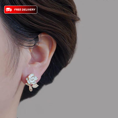 Elegant Korean Flower Leaf Zircon Earrings – Unique Design in Silver & Golden Alloy