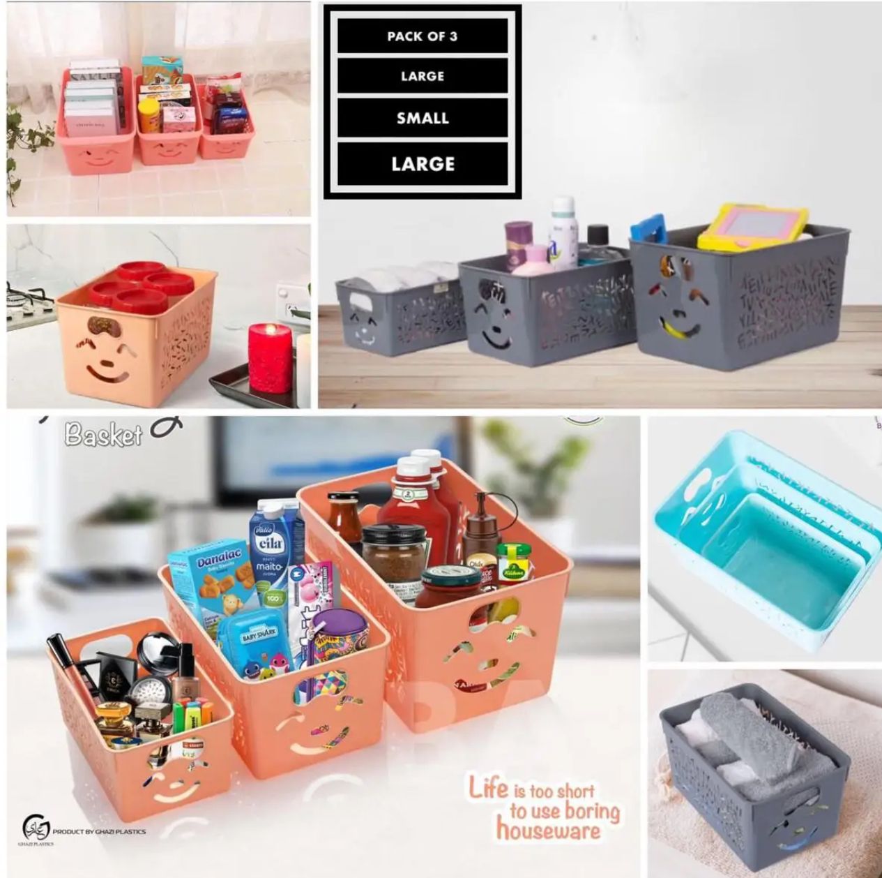 Smile basket Without cap pack off 3 | Storage Organizer Basket |  Multipurpose Baskets For Kitchen, Home, Office &amp; Bathroom (Random color)