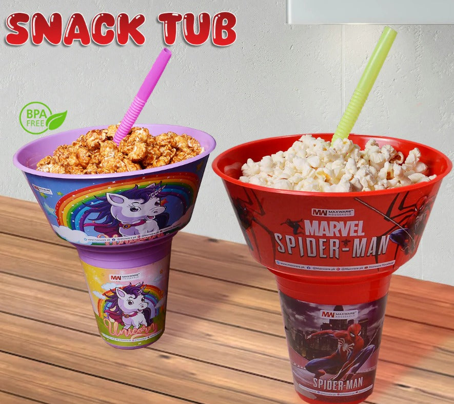 2 in 1 Snack Tub with Straw Glass For Kids Frozen Barbie Unicorn Encanto Roblox Characters For Kids (random color &amp; Character)