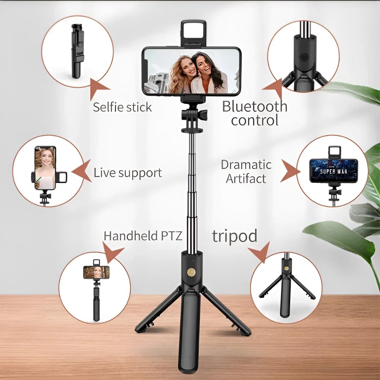 R1S Selfie Stick with Tripod | Bluetooth Foldable Selfie Rod with Remote Control for Phone Action Camera Iphone ï»¿with flash light