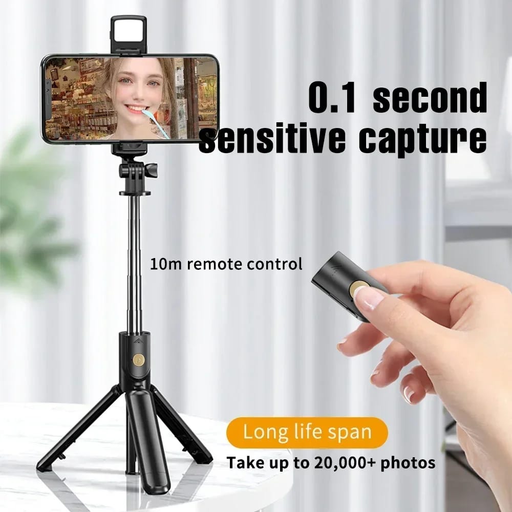 R1S Selfie Stick with Tripod | Bluetooth Foldable Selfie Rod with Remote Control for Phone Action Camera Iphone ï»¿with flash light