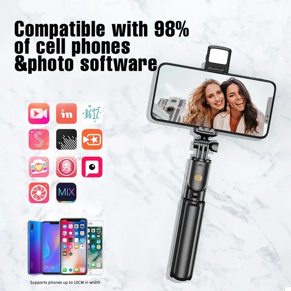R1S Selfie Stick with Tripod | Bluetooth Foldable Selfie Rod with Remote Control for Phone Action Camera Iphone ï»¿with flash light