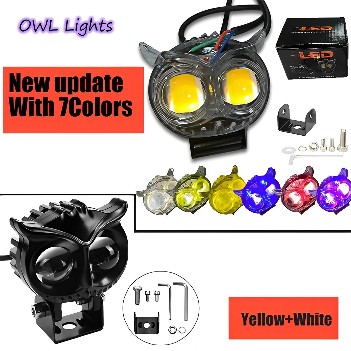 Pack of 1 Owl Fog Light for Bikes metal body  - 8 Working Modes LED Motorcycle Fog Headlights with Multicolor DRL, Universal Fitment, and Auxiliary Spotlights