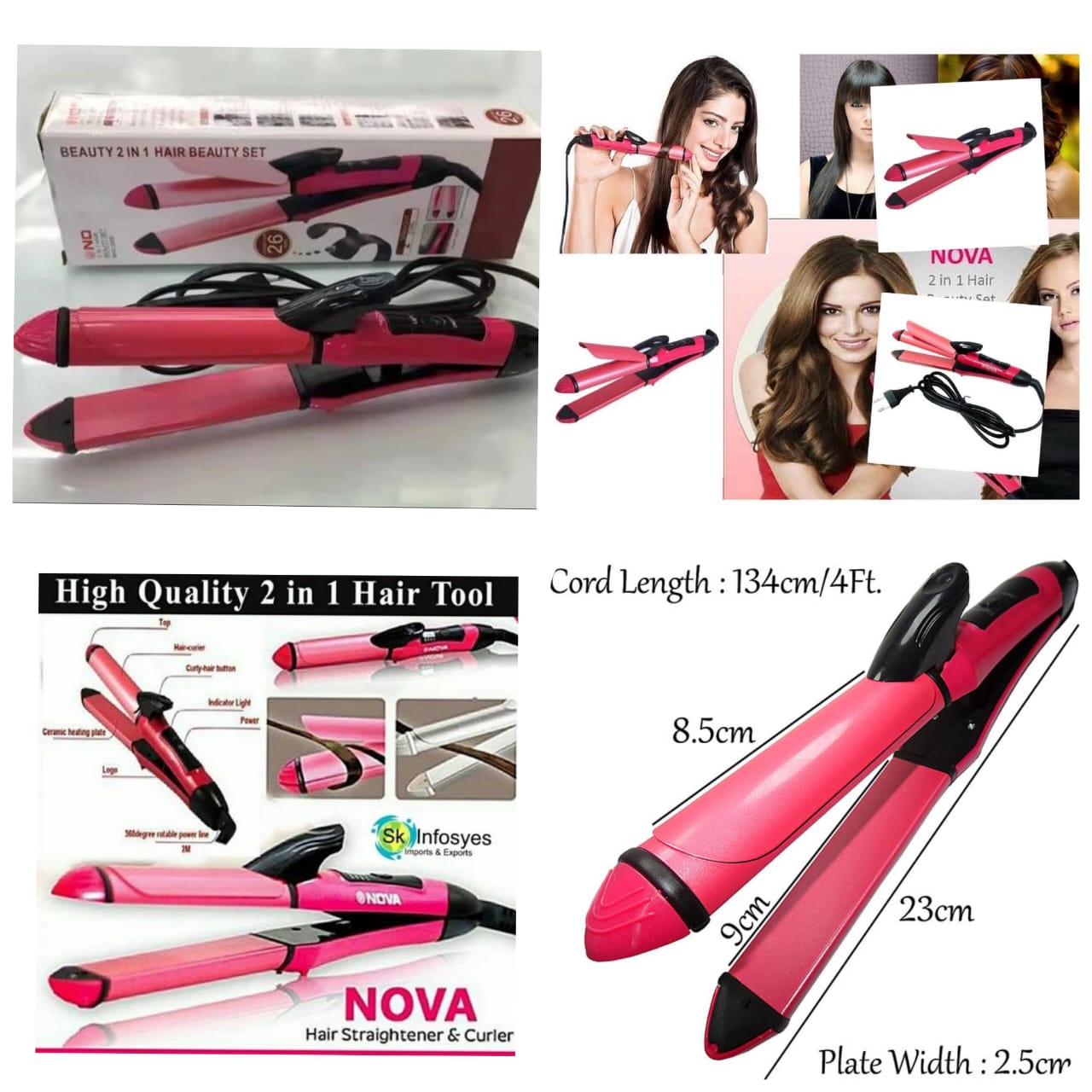 2-in-1 Nova Hair Straightener and Curler – Dual-Use Styling Tool with Quick Heat-Up Technology, Ceramic Plates for Smooth Straightening &amp; Effortless Curls Model-NH-2009 – Portable, Lightweight, Ideal for Home or Travel Use