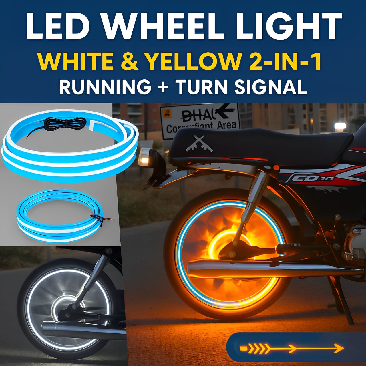 01 Pcs Trending Hub Universal Bike Strip Light – Dual Color Turn Signal (Yellow &amp; White) | Best Quality Strip Light For Motorcycle | Strip Light For Bike