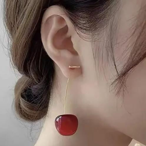 Trendy Korean Cherry Drop Earrings for Women ðŸ’ | Cute Long Stem Minimalist Red Cherry Earrings | Aesthetic Statement Jewelry for Casual &amp; Party Outfits