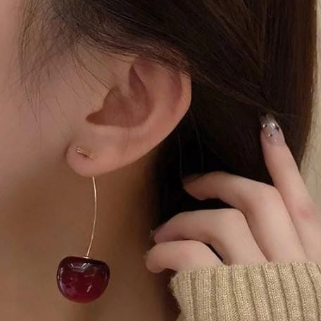 Trendy Korean Cherry Drop Earrings for Women ðŸ’ | Cute Long Stem Minimalist Red Cherry Earrings | Aesthetic Statement Jewelry for Casual &amp; Party Outfits