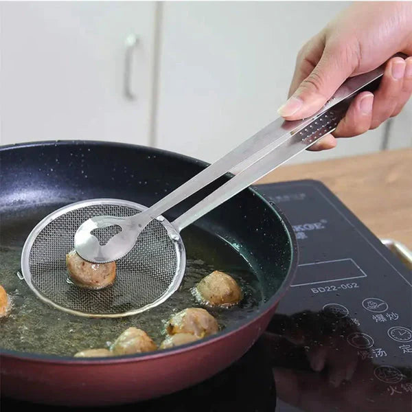 2 IN 1 FRYING TONG | Imported Small Multi-functional 2 in 1 Fry Tool Filter Spoon Strainer With Clip, Oil Frying BBQ Filter Stainless Steel Mesh