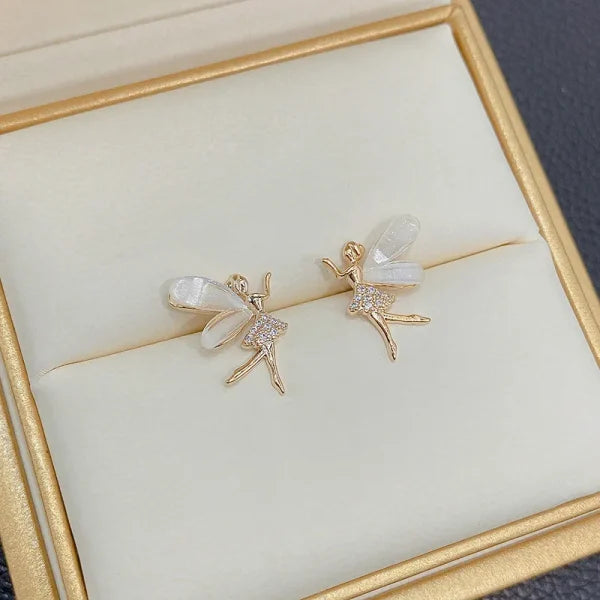 Elegant Korean Elf Wings Zircon Stud Earrings – Cute Fairy Design for Women & Girls