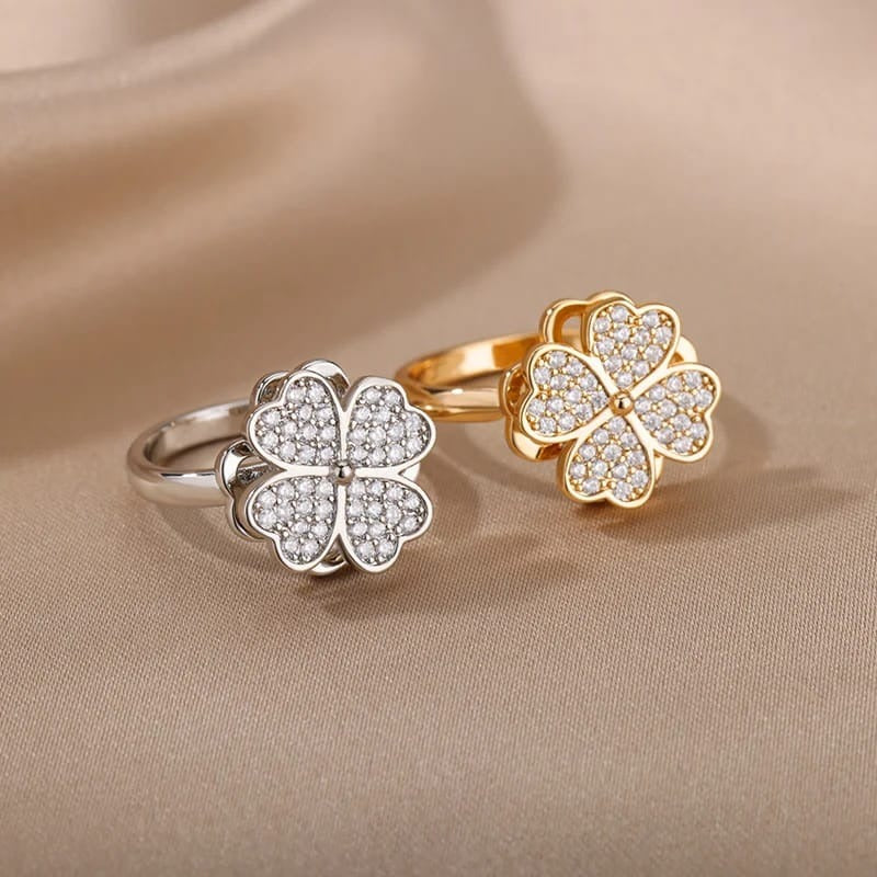 Lucky Four-Leaf Clover Rotating Anxiety Ring â€“ Spinner Fidget Ring for Stress Relief, Adjustable Lucky Flower Ring for Women &amp; Girls (With Box)
