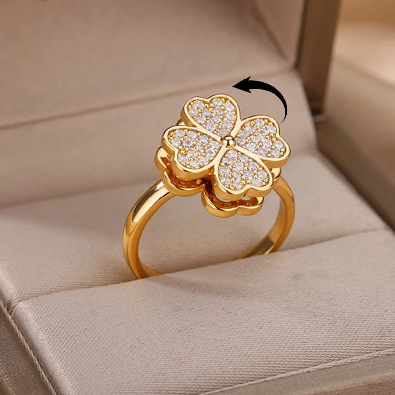 Lucky Four-Leaf Clover Rotating Anxiety Ring â€“ Spinner Fidget Ring for Stress Relief, Adjustable Lucky Flower Ring for Women &amp; Girls (With Box)