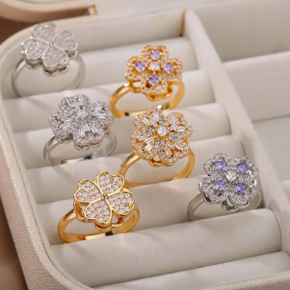 Lucky Four-Leaf Clover Rotating Anxiety Ring â€“ Spinner Fidget Ring for Stress Relief, Adjustable Lucky Flower Ring for Women &amp; Girls (With Box)