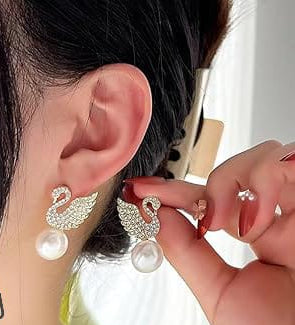 Elegant Korean Diamond Swan Pearl Stud Earrings – Versatile Alloy Jewelry for Women & Girls