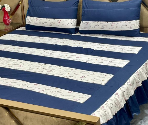Luxury 3-Piece Frill Patchwork Double Bed Bedsheet Set – Soft Cotton Blend