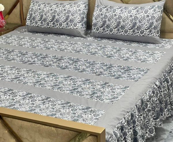 Luxury 3-Piece Frill Patchwork Double Bed Bedsheet Set – Soft Cotton Blend