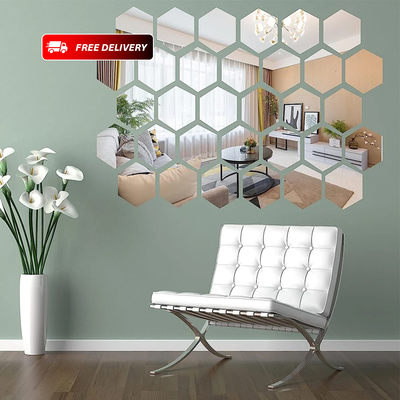 Hexagon Mirror Wall Stickers – 12 Pcs Self-Adhesive Acrylic Tiles (Silver)