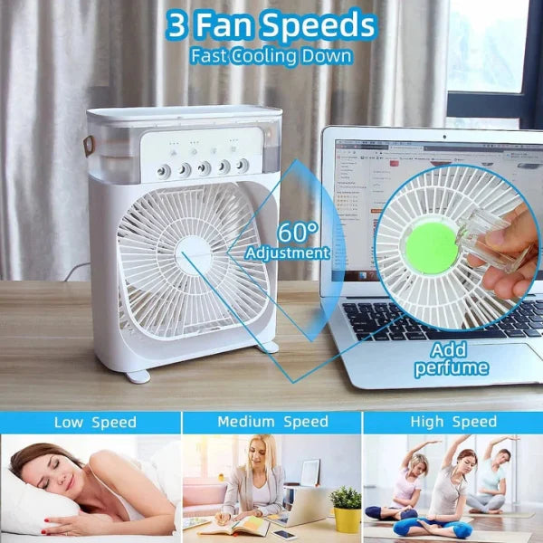 Portable Air Conditioner Fan: USB Electric Fan with LED Night Light, Fine Mist Water, and Humidifier Function | Led Night Light Water Mist (Random Color)