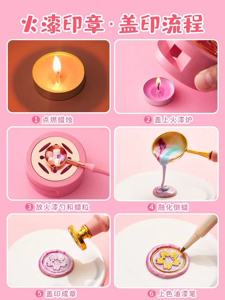 Wax Set With 3 Different Brass Stamps With Holder - Spoon - Candle - Heating Stand (10 colors wax About 520 beans)