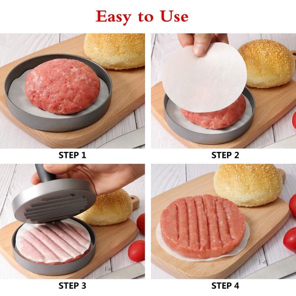 Stainless Steel Burger Press Patty Maker – Non-Stick Hamburger Mold with 100 Patty Paper